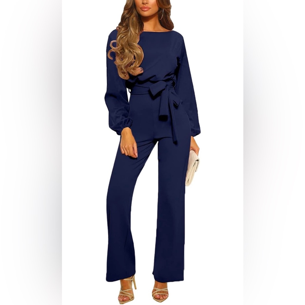 Long Lantern Sleeve Jumpsuit | Belted | Wide Leg | Pant Romper | Size XL